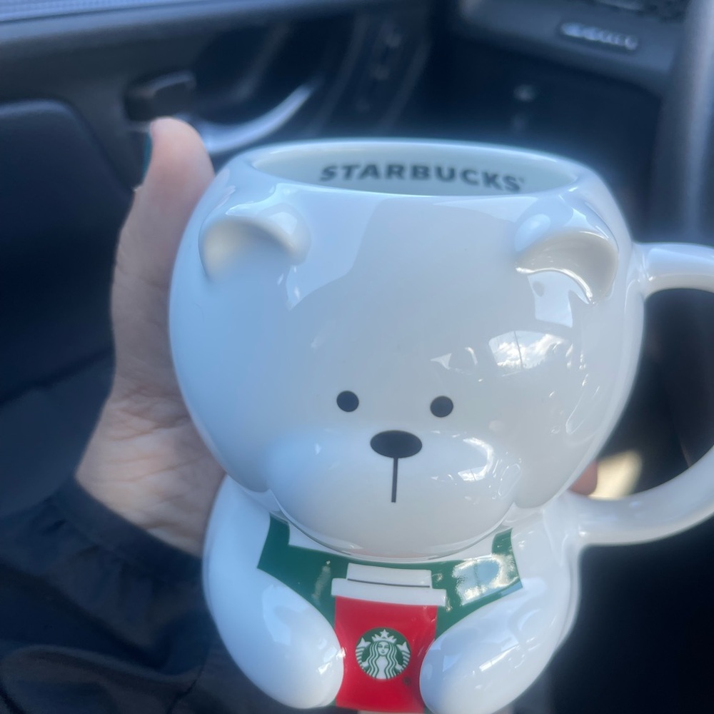 Starbucks White Bear Mug with Green and Red Accents